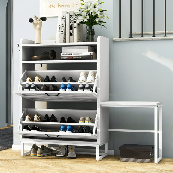 Uforic 2-Drawer Shoe Cabinet, Slim Farmhouse Shoe Storage for 16 Pairs, Entryway Organizer, White