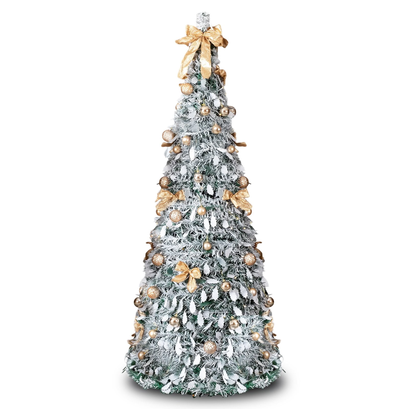 Astoutdoor 6 ft Snow Flocked Pre-lit Artificial Pop Up Christmas Tree with 100 Warm Lights and Golden Ornaments, Snowy Green