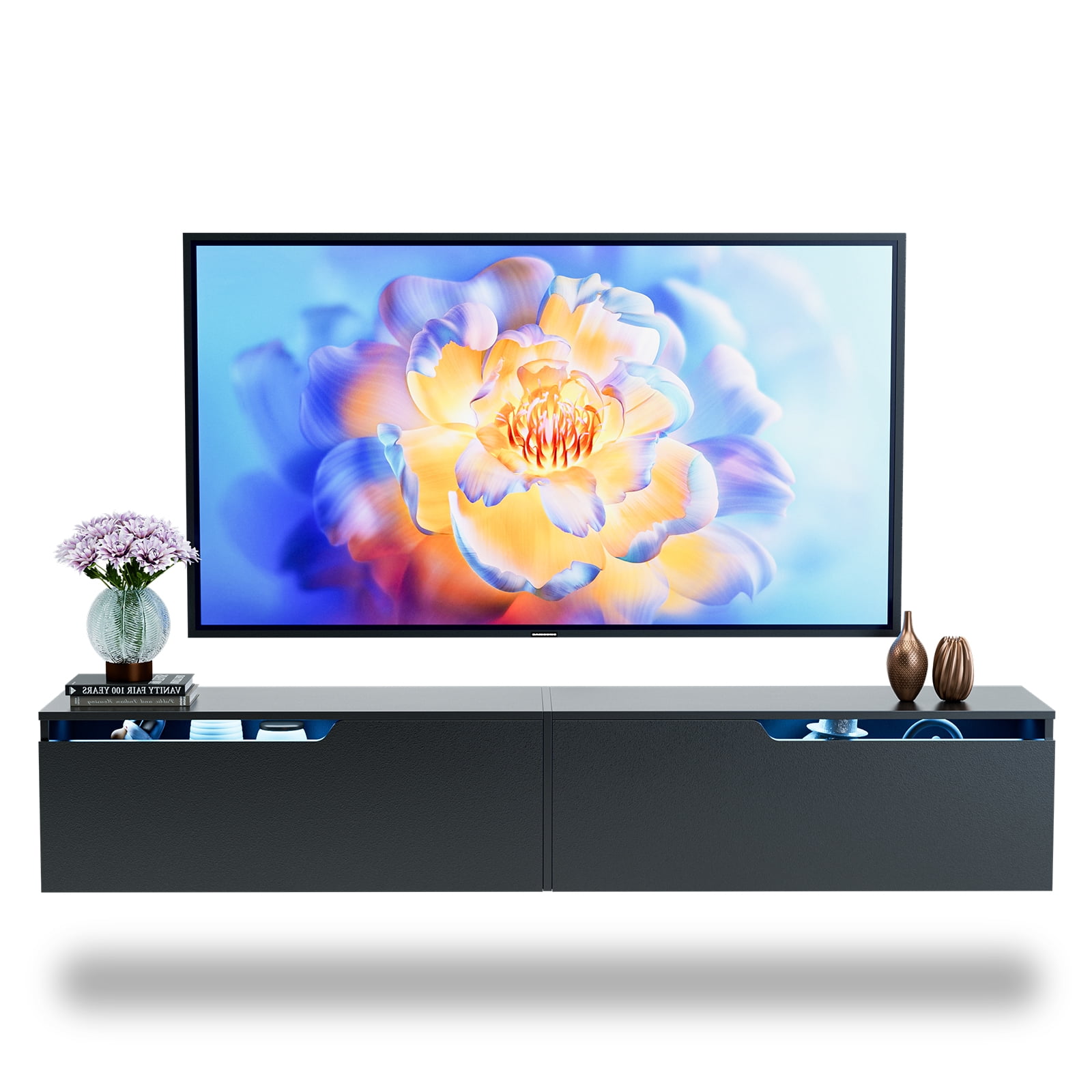 SIKHST LED Floating TV Stand Wall Mounted for 85 inch TV, Media Entertainment Center Console Table with Storage Cabinet for Living Room,Black