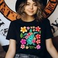 thumbnail image 3 of Tropical Sea Turtle T-Shirt for Women, Floral Ocean Hawaiian Vibes Graphic Tee, Black, Size XL, 3 of 6