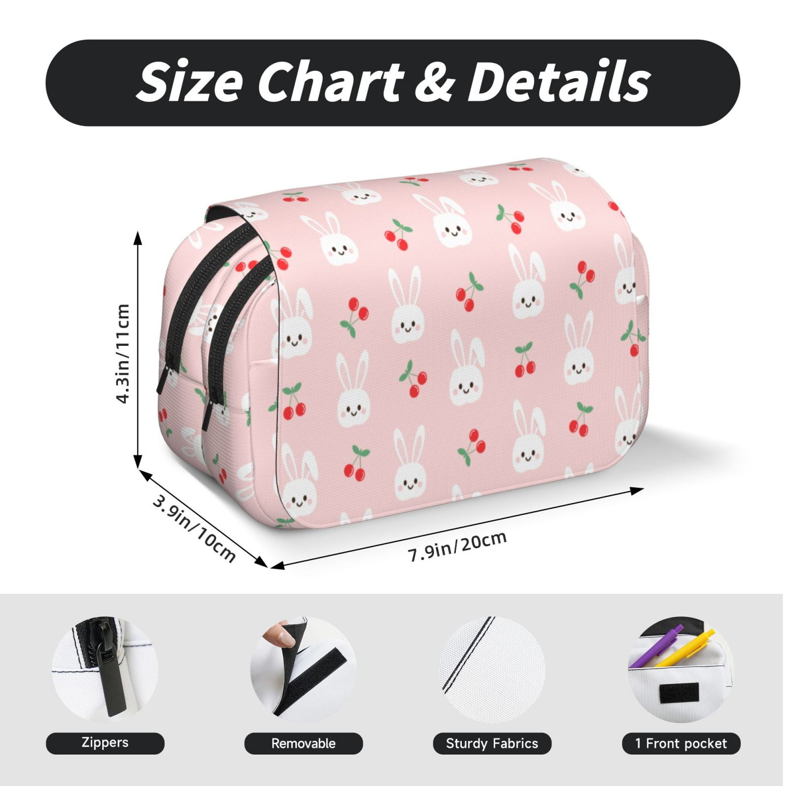 Rateoe Rabbit And Cherry Pattern Double Clamshell Pen Case, Storage Organizer with Two Zipper Compartments– Holds Up to 50 Pencils & Pens