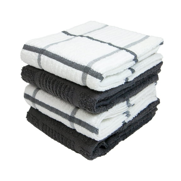 4 Pack of Cotton Kitchen Towels - 15 x 25 - Grey Windowpane Pattern
