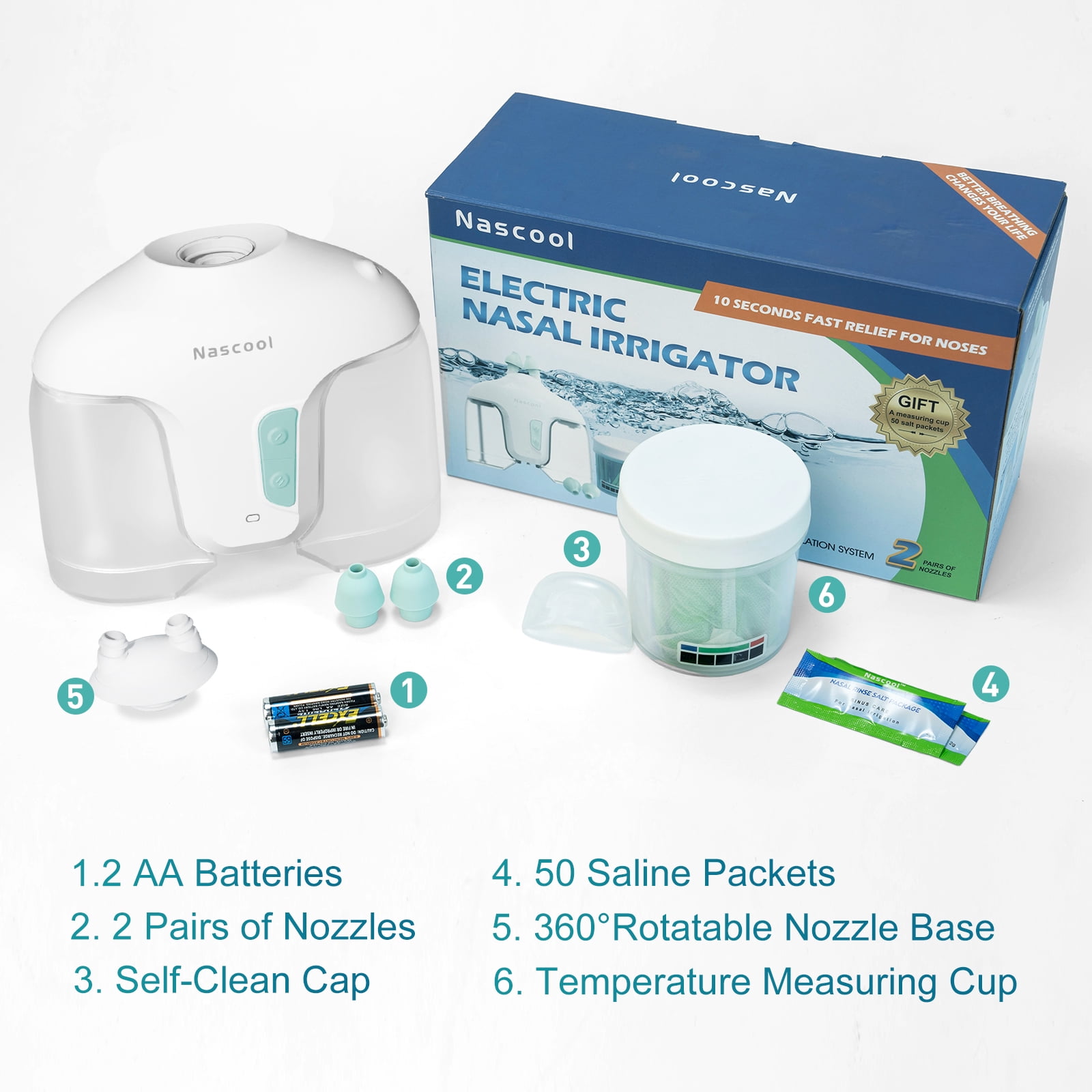 Nascool Nasal Irrigation System Electric Sinus Rinse Machine Nose Cleaner for Adult Sinus Symptoms Relief with 50 Saline Packets (White)