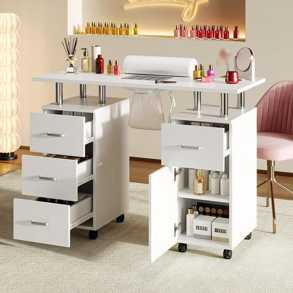 Nail Table Station for Nail Tech with Electric Downdraft Vent & Locking Castors & Wrist Cushion, Beauty Salon Resistant with Drawers & Cabinet Home Manicure Table Nail Desk for Spa Beauty Salon