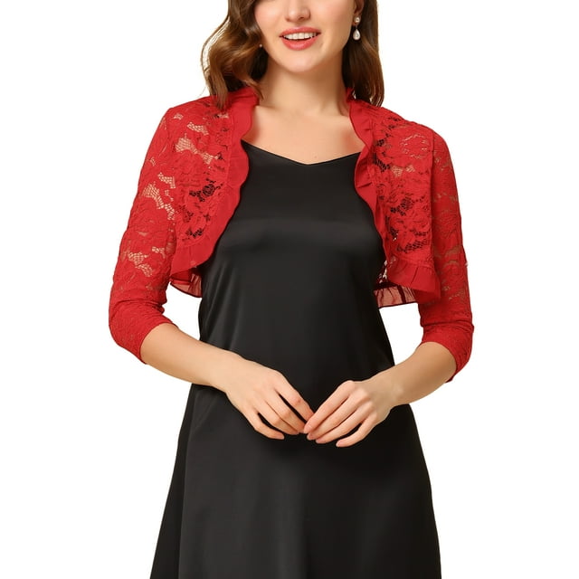 INSPIRE CHIC Boléro en Dentelle Élégant pour Femme à Col Volanté, Manches 3/4, devant