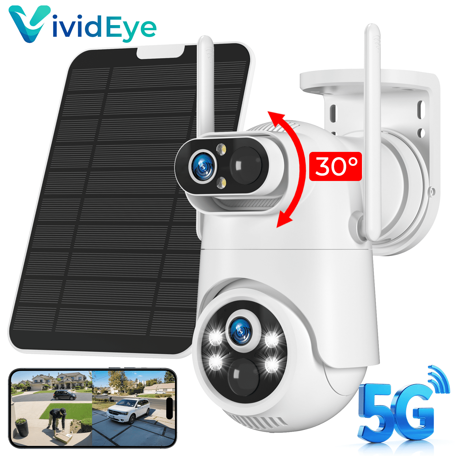 VividEye 4K Dual-Lens Solar Security Camera, 360° PTZ Surveillance security Cameras Wireless Wifi Outdoor, IP65 Waterproof PIR Detection, Full Color Night Vision, 2-Way Audio, Rechargeable Battery