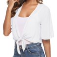 thumbnail image 4 of 2DXuixsh Womens Cardigan Sweaters Simple Women Tie Front Chiffon Short Sleeve Cropped Sheer Bolero Cardigan Crew Neck Classic Sweater Knit Cardigan White Size M, 4 of 6
