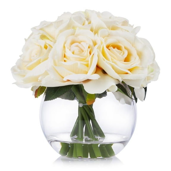 Enova Home Artificial 10 Head Roses Silk Flowers Arrangement in Round Clear Glass Vase With Faux Water (Beige)