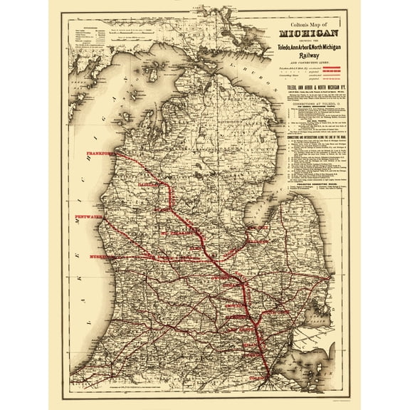 Railroad Map - Toledo Ann Arbor and North Michigan Railway - Colton 1886