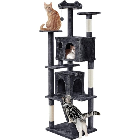 XYGOO Larget Cat Tree, 80in Multi-Level Cat Tower with Cat Scratching Posts, Double Cat Condo, Perched Platforms and Dangling Balls, Cat Activity Center for Kittens Pet, Black