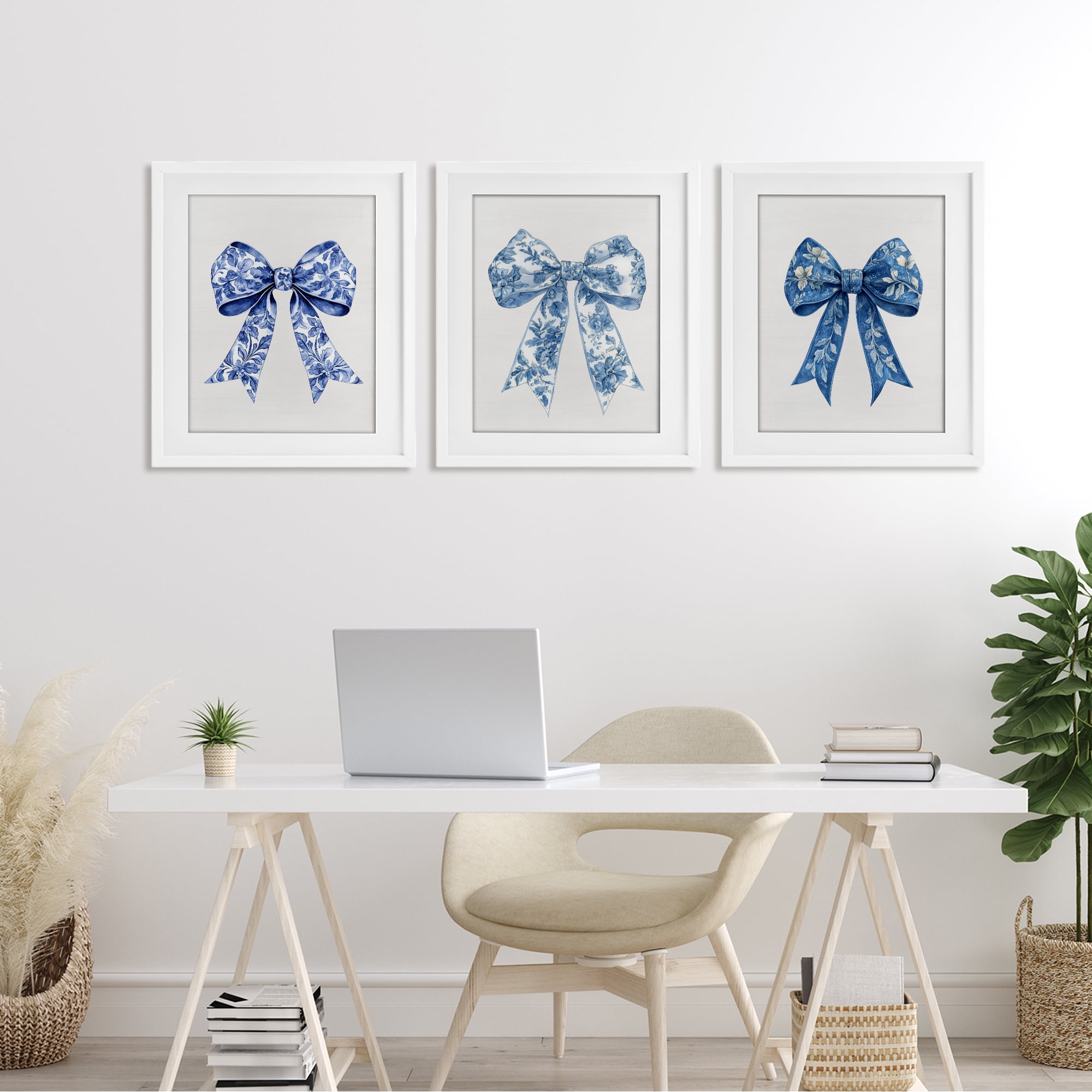 Vintage Toile Pattern Bows 3 Piece White Framed Print Under Glass Set, design by Lettered and Lined