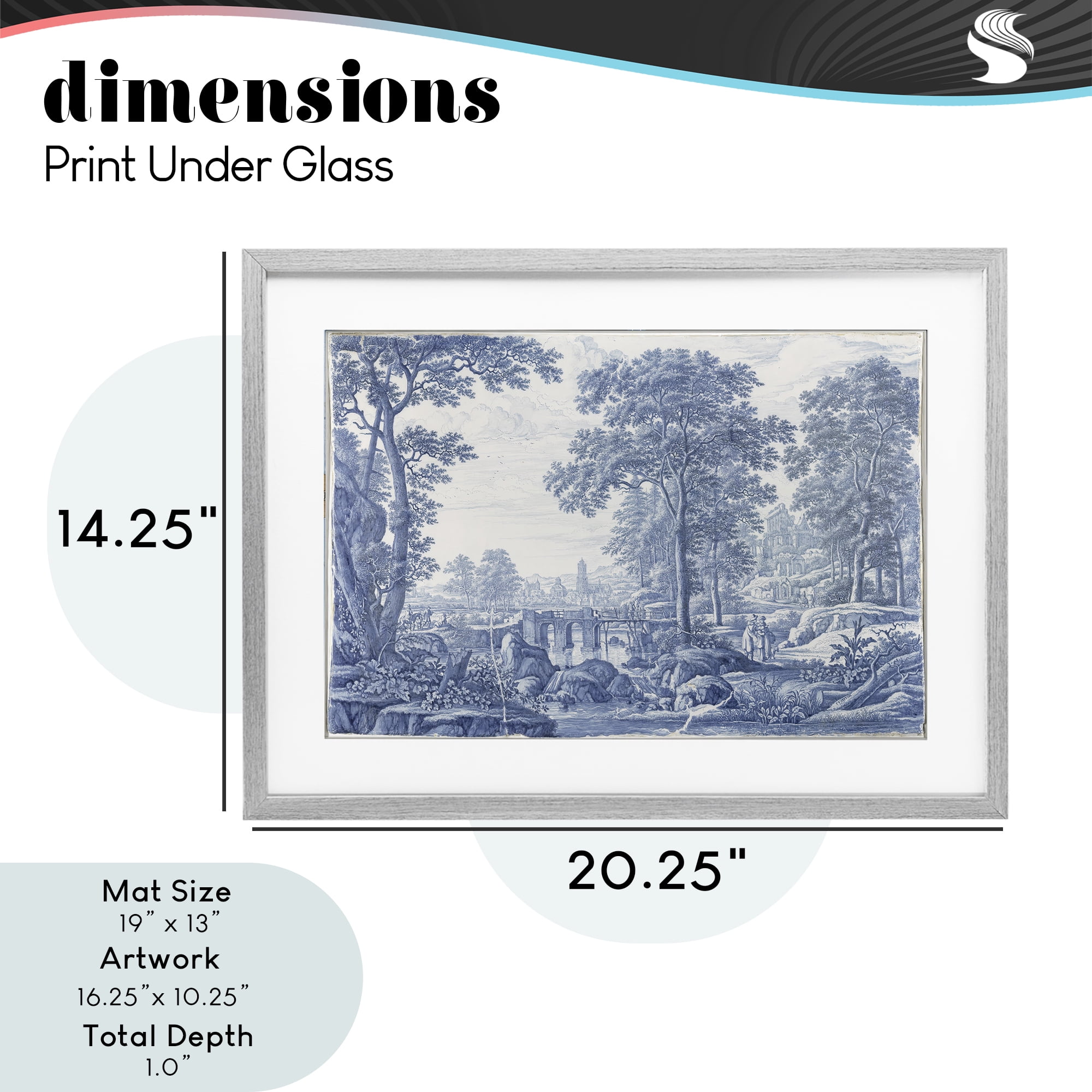 Vintage Blue Tinted Toile Gray Framed Print Under Glass, design by Vintage Hustle