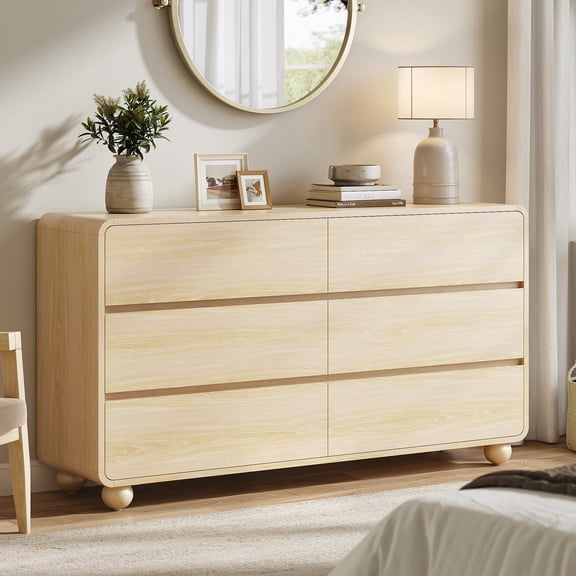 Aufeile Dresser for Bedroom, 6 Drawer Dresser & Chest of Drawers, 53" Modern Chest of Drawers with Curved Profile Design, Wood Dresser Storage Organizer for Adults, Natural Oak