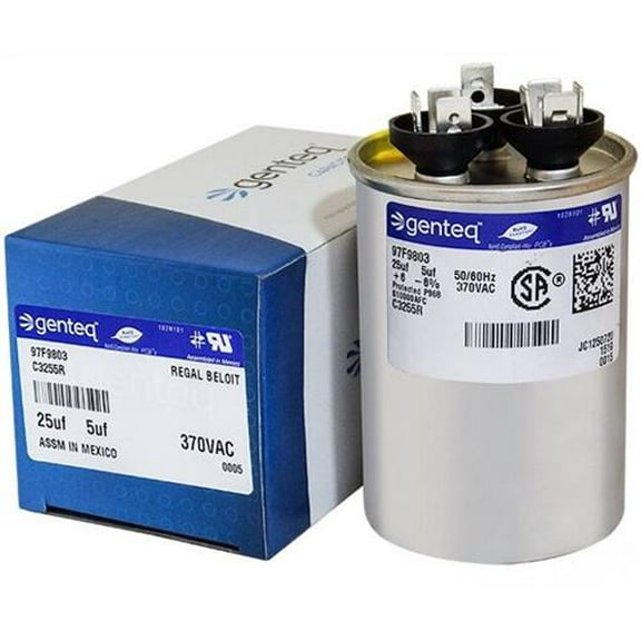 25/5 uF MFD x 370 VAC Dual Round Genteq / GE Industrial Replacement Capacitor # C3255R  /  97F9803