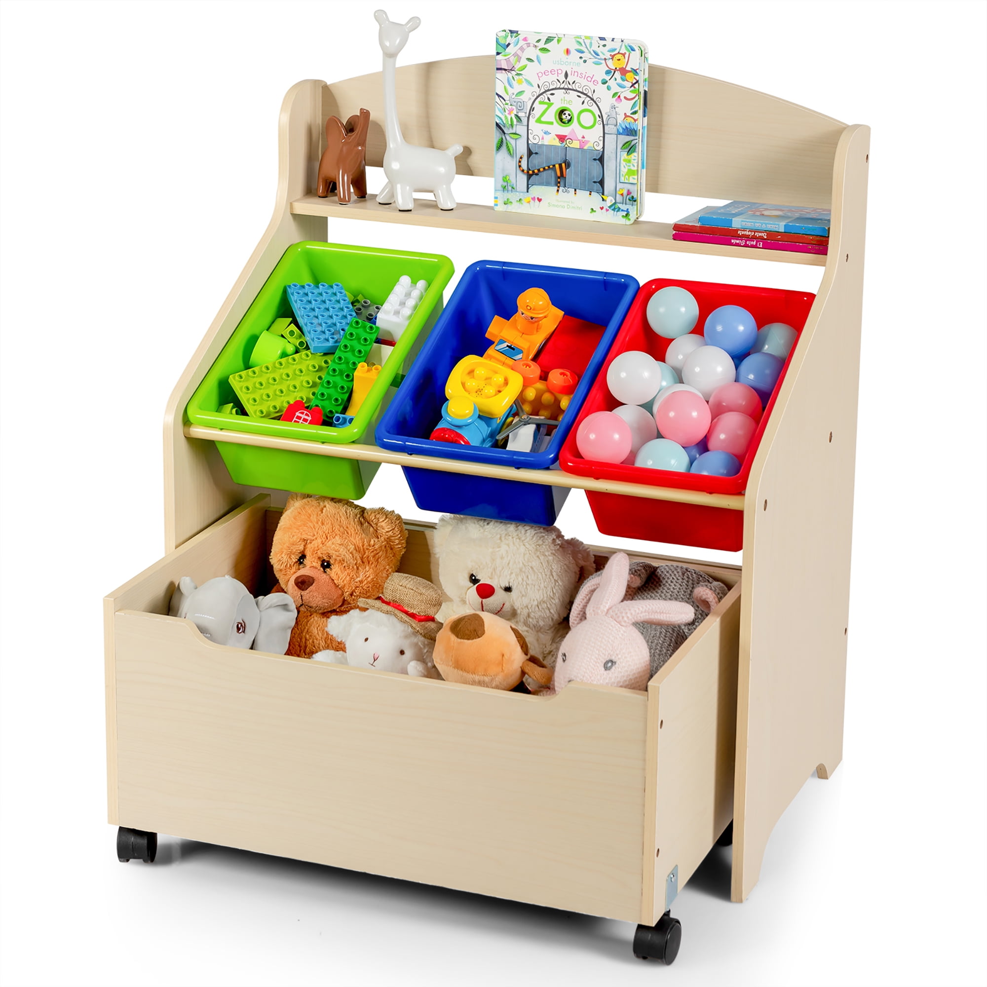 Costway Kids Wooden Toy Storage Unit Organizer w Rolling Toy Box Plastic Bins Natural Walmart