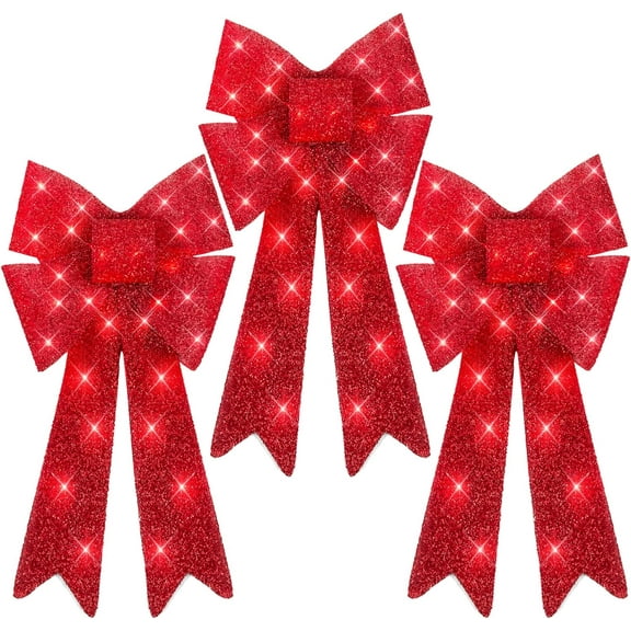 SSyao Set of 3 Bows Pre-Lit Christmas Bow Decoration, Indoor/Outdoor LED Holiday Décor w/ 30 Lights, Outdoor Battery Box, Timer, 8 Light Functions - Red