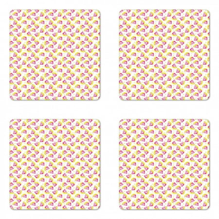 

Watercolor Coaster Set of 4 Juicy Fruity Pattern of Summer Slices Watercolor Style Painting Design Square Hardboard Gloss Coasters Standard Size Pink Yellow Green by Ambesonne