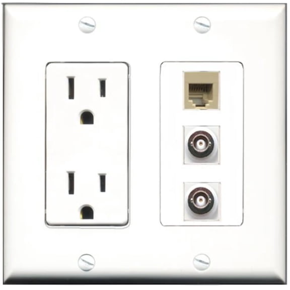 RiteAV - 15 Amp Power Outlet 1 Port Phone Beige 2 Port BNC Decorative Wall Plate