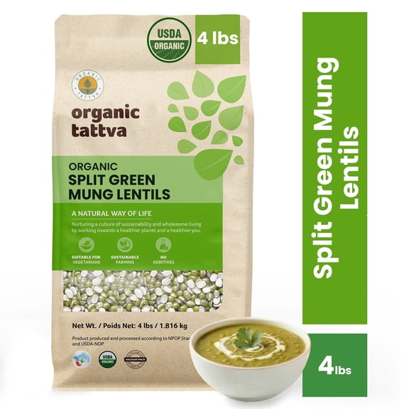 Organic Tattva Split Mung Beans Green Lentils 4LB, Moong Dal, Vegan, Kosher, No Additives, Gluten Free, USDA Certified