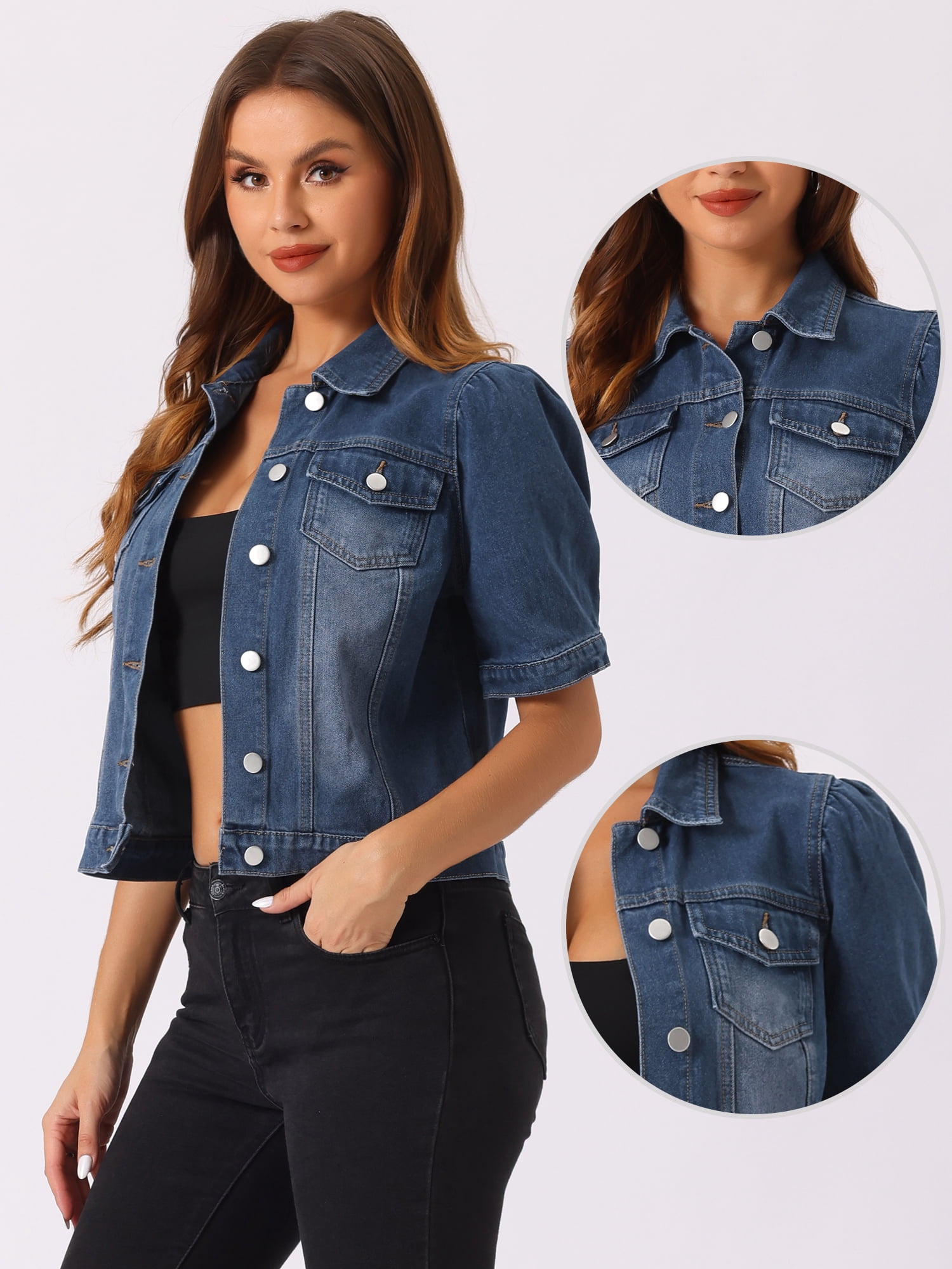 DARING DIVA Women's Short Puff Sleeves Button-Down Denim Jacket M Dark Blue