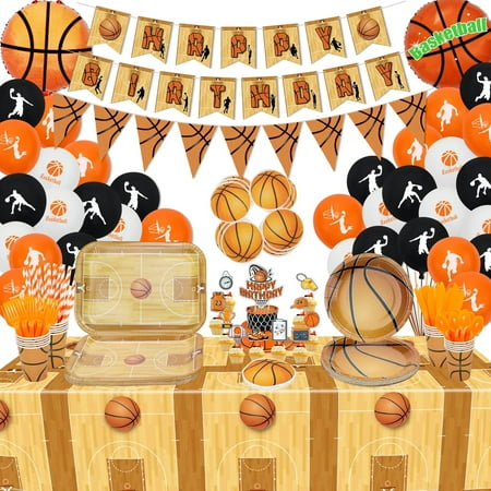 Basketball Birthday Decorations - Including Silicone Bracelets, Bags, Plates, Cups, Napkins, Tableware, Tablecloth, Balloons, Banners - Serve 20