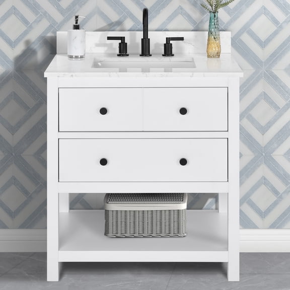 Encino 30" Single Bathroom Vanity, Carrara White Quartz Top with Sink & Backsplash. 31" W x 22" D x 34.5" H. Crisp White. MDF. Pre-Assembleb. 2 Soft-Closing Drawers. 1 Shelf. Adjustable Feet