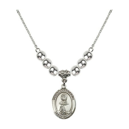 - 18-Inch Rhodium Plated Necklace with 6mm Sterling Silver Beads and Saint Anastasia Charm