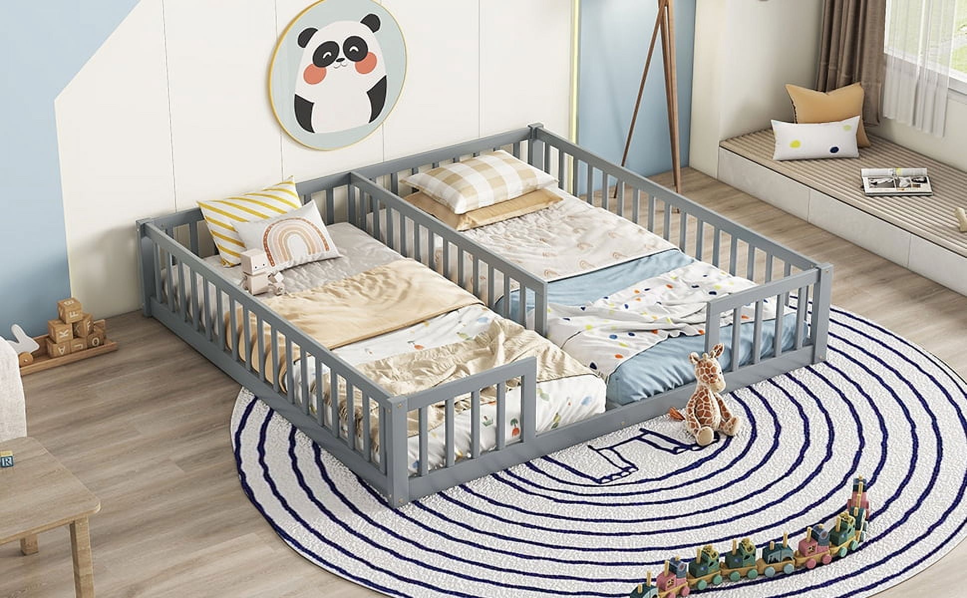 Double Twin Floor Bed with Fence, Guardrails, Without Door, Grey