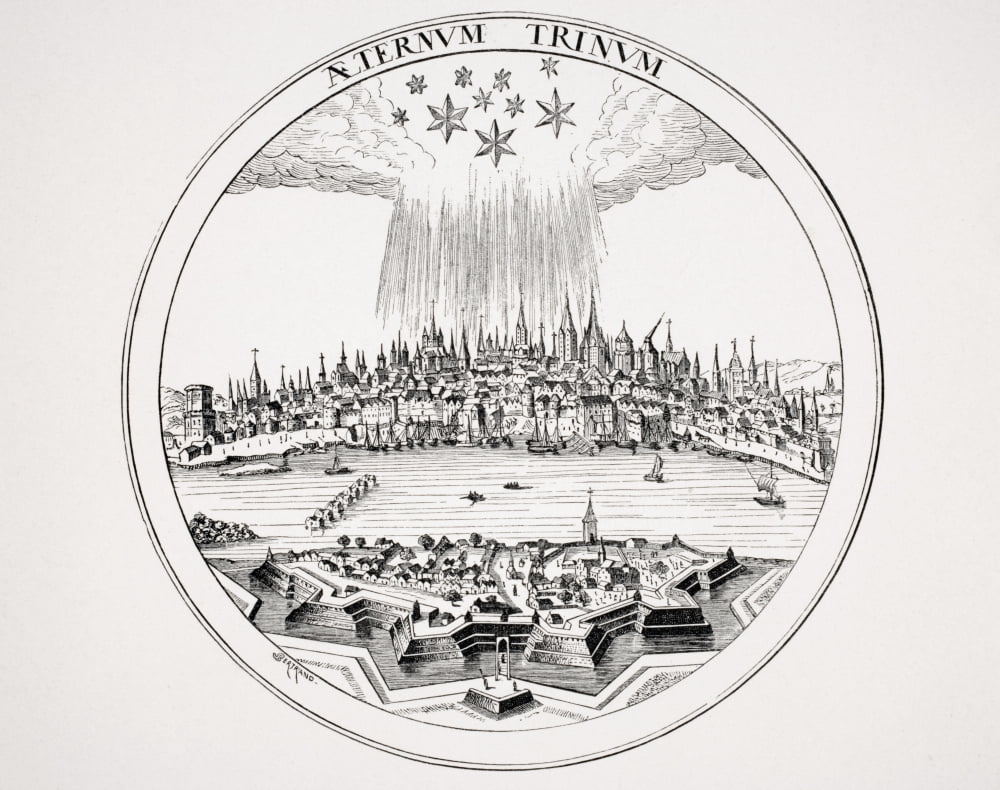 View Of Cologne In 16Th Century From Copper Engraving In P BertiusS Theatrum Geographicum The Three Large Stars May Represent The Holy Trinity And The Seven Smaller Ones The Electors Of The Empire Can