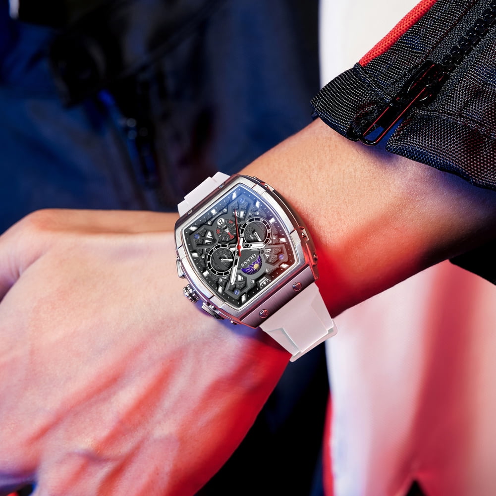 OLEVS Watches for Men Chronograph Waterproof Luxury Dress Quartz Silicon Strap Multifunction Moon Phase Calendar Luminous Men Wrist Watches Reloj Para Hombre Black/Red