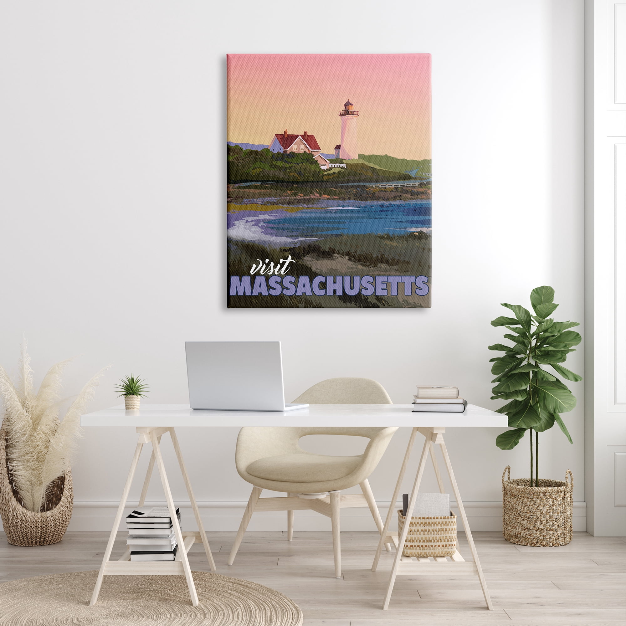 Stupell Industries Visit Massachusetts Pink Sunset Sky Ocean Inlet Graphic Art Gallery Wrapped Canvas Print Wall Art, Design by David Owens Illustration