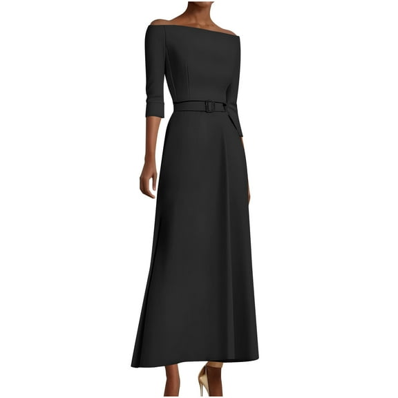 Womens One Shoulder 3/4 Sleeve High Waist A Line Maxi Dress with Belt Elegant Solid Color Office Work Party Style
