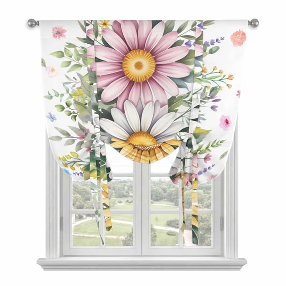 Colorful Daisy Floral Balloon Curtains for Living Room/French Door, Spring Flowers Botanical Leaves Rustic Tie Up Curtains 63 Inch Length Energy Saving Kitchen Curtains Shades for Windows 42"x63"