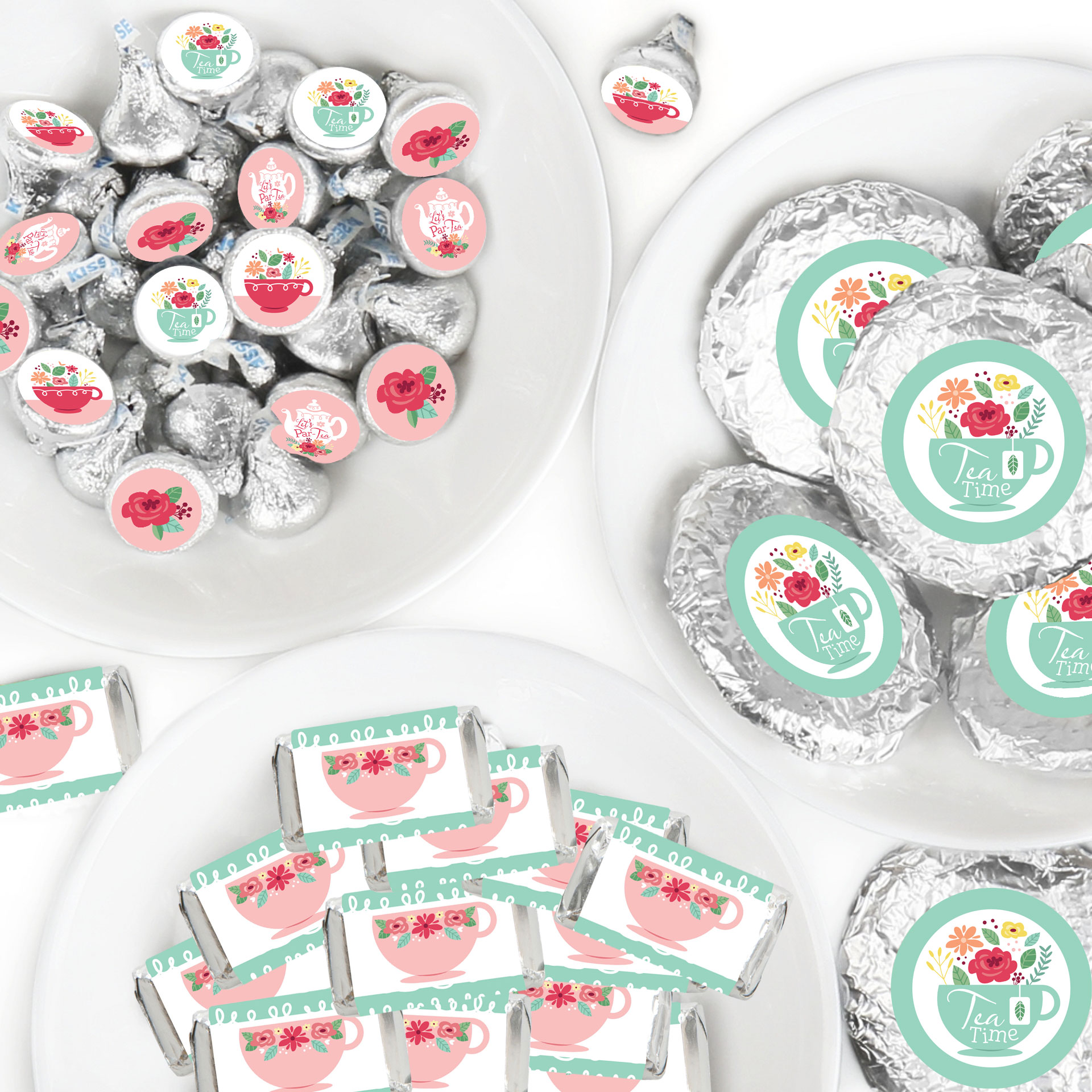 Floral Let’s ParTea Mini Candy Bar Wrappers, Round Candy Stickers