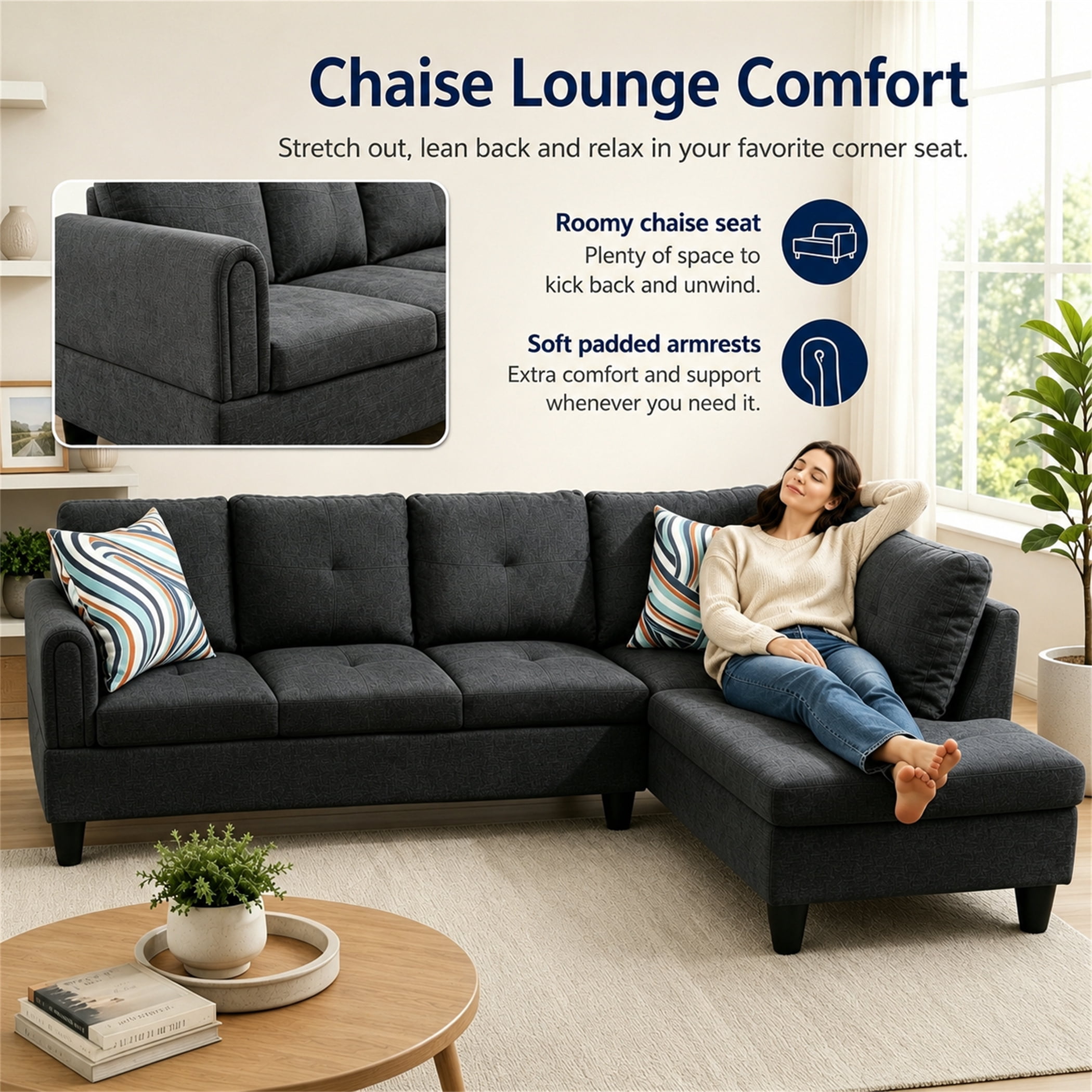 Aukfa 97" Classic Sectional Sofa 4 Seat L shape Couch with Oversized Right Chaise for Living Room, 2Pillows, Linen, Black Gray