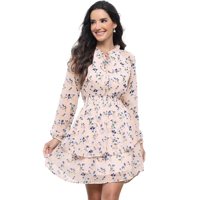 Mini vestido de gasa con capas Allegra K Estampado floral Rosa XS