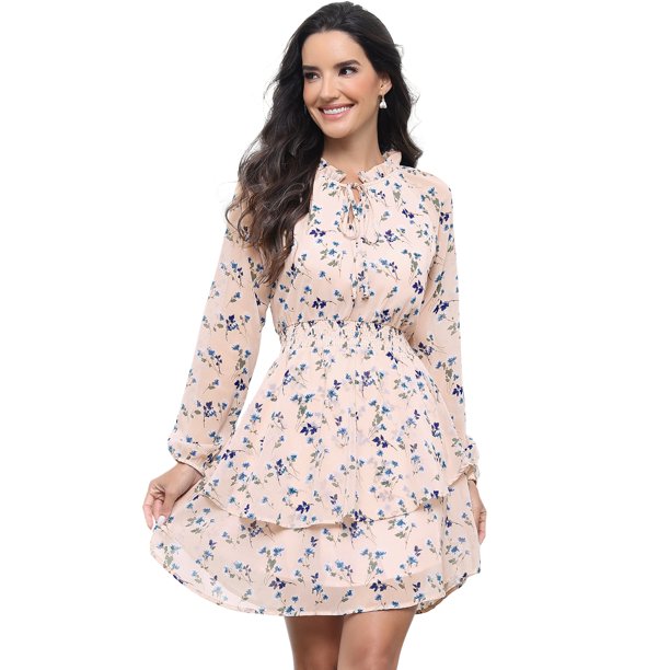 Mini vestido de gasa con capas Allegra K Estampado floral Rosa XS