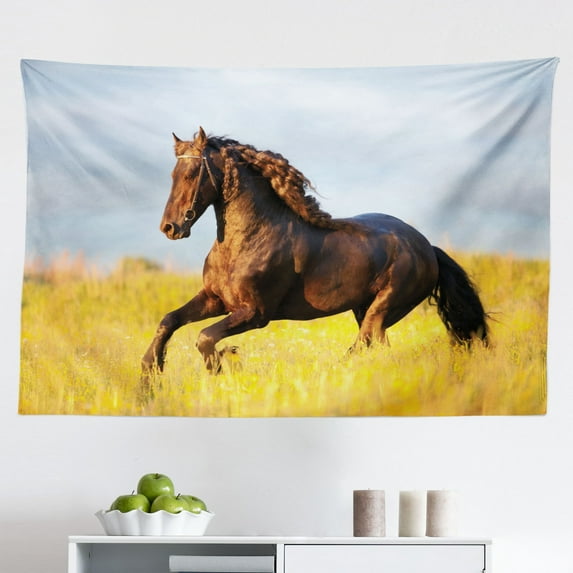 Horses Tapestry, Bay Horse Pacing on The Grass Energetic Noble Character of The Nature Concept, Fabric Wall Hanging Decor for Bedroom Living Room Dorm, 2 Sizes, Blue Green Brown, by Ambesonne