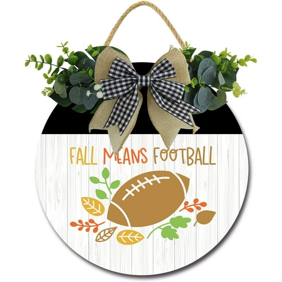 Eveokoki 12" Fall Means Football Welcome Signs for Front Door Farmhouse，Rustic Round Wooden Hanging Wreaths for Home Porch Wall Decor Housewarming Gift Football Lovers Outdoor Indoor