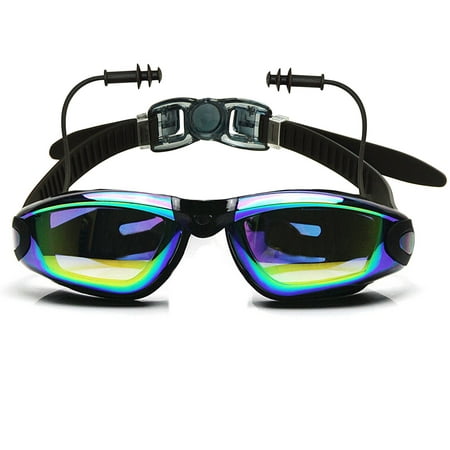 Swim Goggles, IPOW No Leaking Mirrored Anti Fog UV Protection Triathlon Swimming Goggles with Silicone Soft Ear Plugs, 3 pcs Adjustable Nose Bridge, Protection
