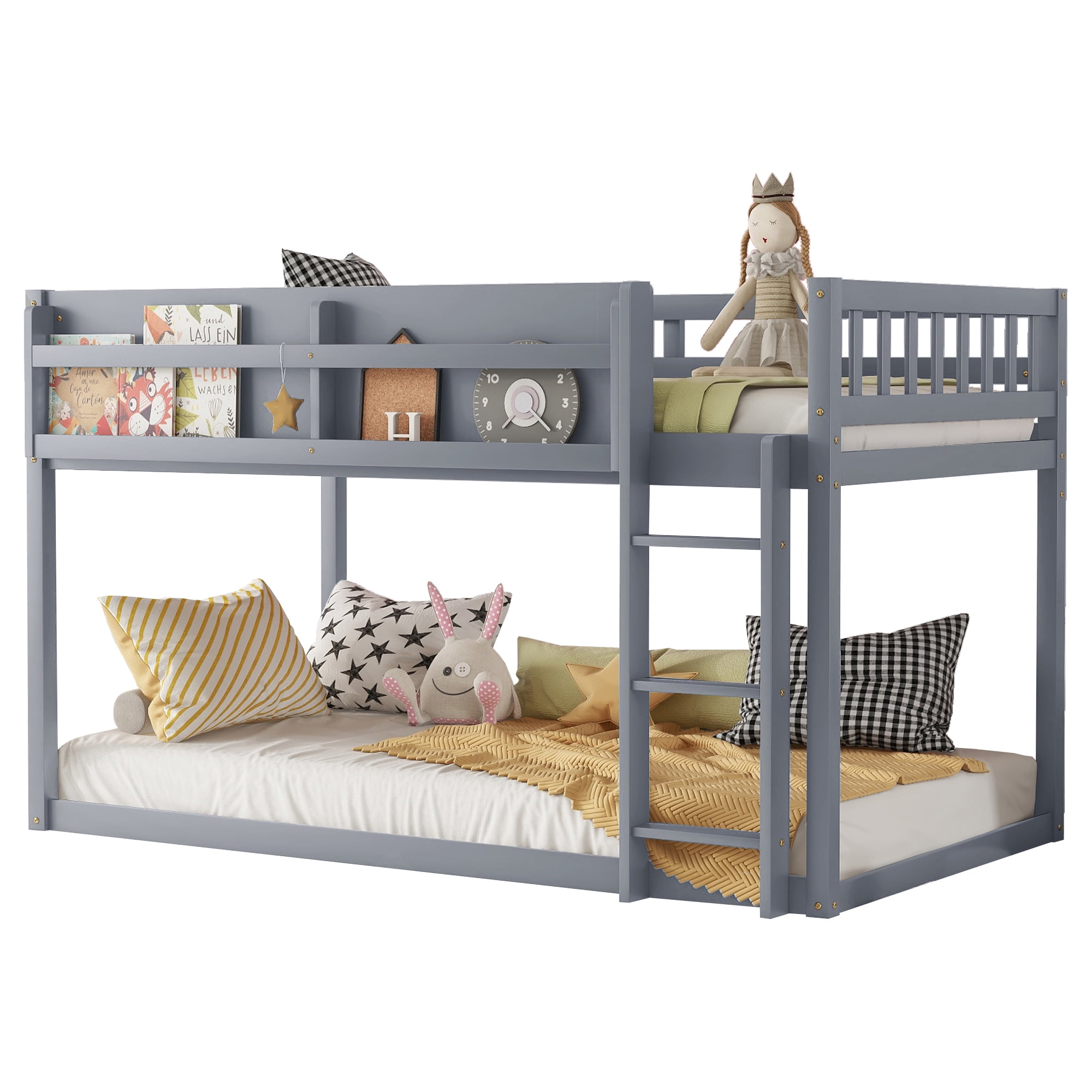 HOQBN Bunk Bed Twin Over Twin,Solid Wood Low Floor Bunk Bed with Ladder,Gray
