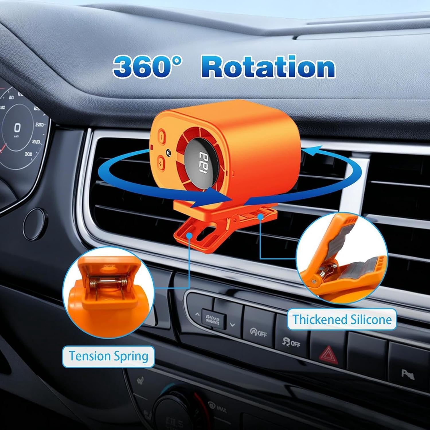 Car Fan , Clip On Low Noise LED Display , Clip On Fan - for Cycling Traveling Fishing Camping Beach Road Trip Jobsite Men Women Youth Teens