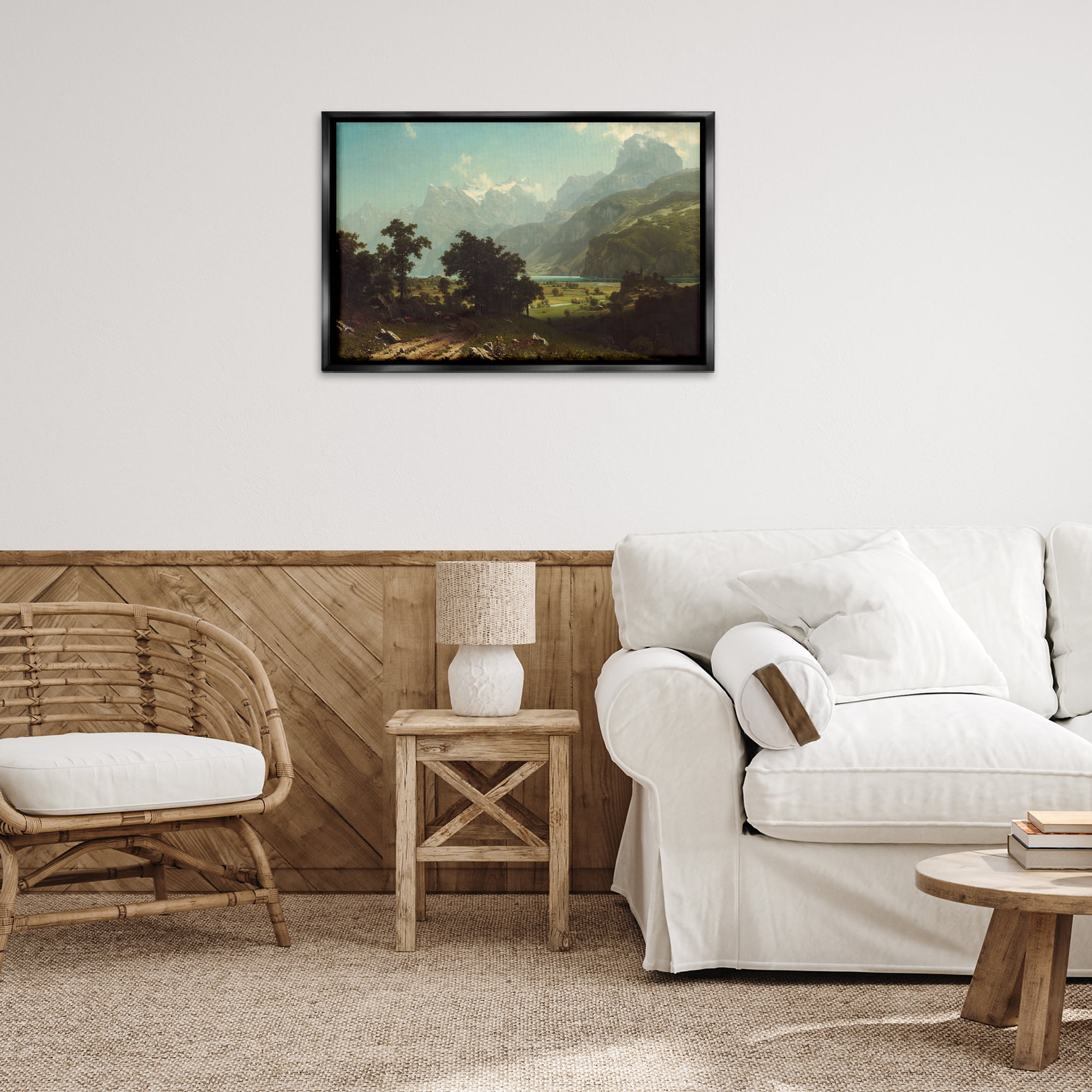 Stupell Industries Classical Bierstadt Lake Lucerne Landscape & Nature Painting Black Floater Framed Canvas Art Print Wall Art, 31 x 21