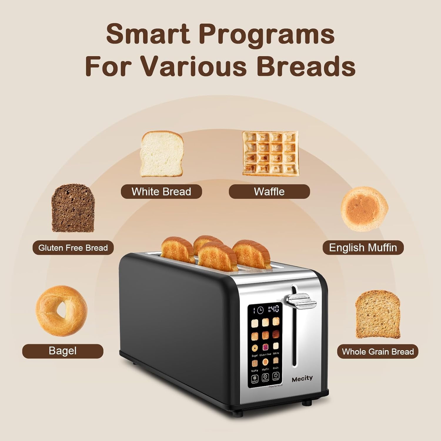 4 Slice Toaster with Touchscreen Long Slot, Stainless Steel Smart Bread Toaster for Bagel Muffin Waffle Gluten Free Breads, Timer, Defrost, Reheat, 120V 1400W