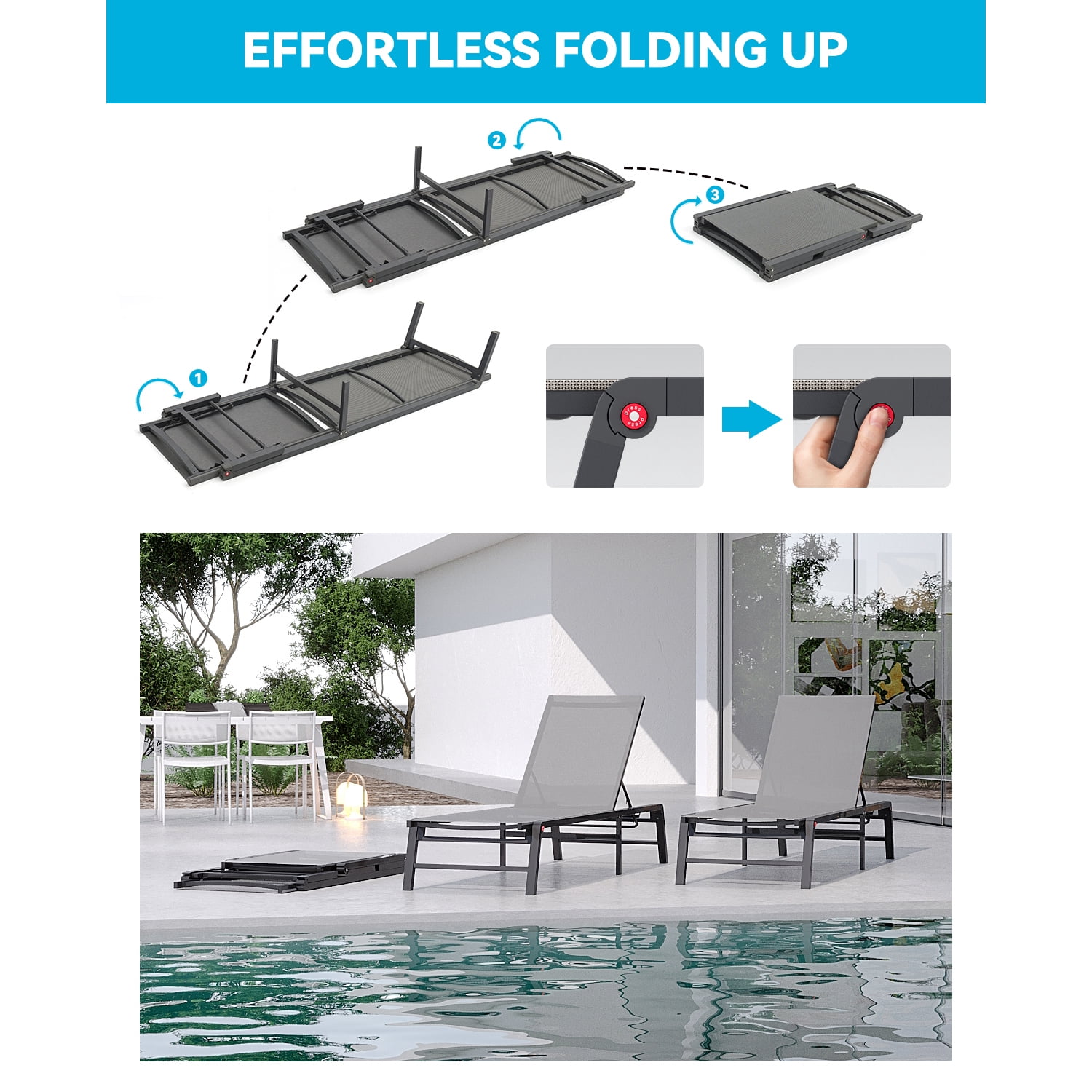 Patio Chaise Lounge, 2 Pack No Assembly Aluminum Reclining Pool Lounge Chair Adjustable Backrest for Sunbathing, Grey