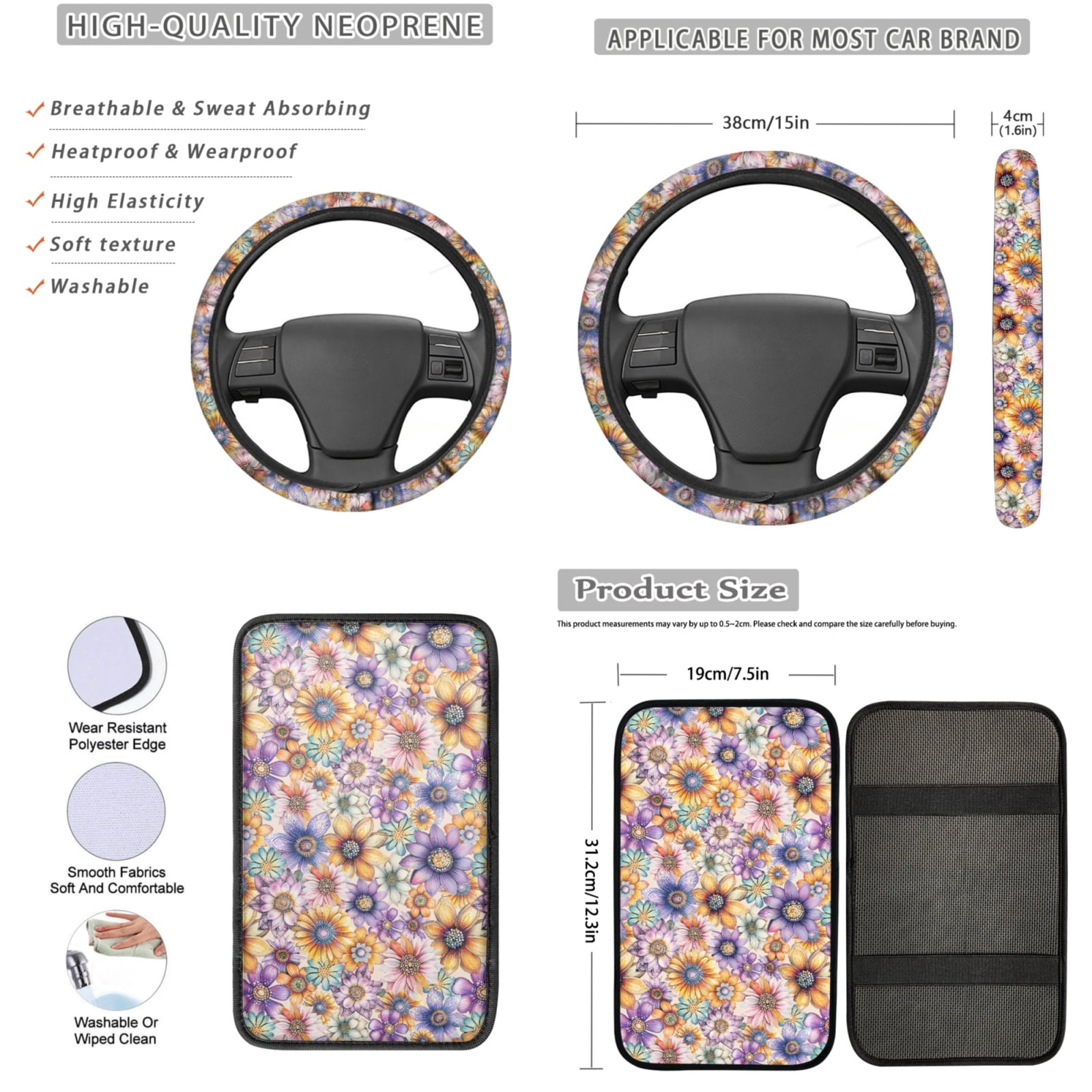 Yuyamidu Colorful Floral Car Seat Cover Full Set with Steering Wheel Cover Seat Belt Pads Armrest Cover Cushion Cup Holders Lip Gloss Holder Keychain for Most Vehicles Floral Auto Accessories