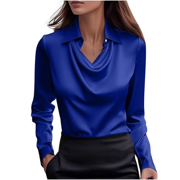 Olyvenn Womens Elegant Cowl Neck Satin Blouse Long Sleeve Tops Dressy Business Casual Office Work Silk Shirt Spring Outfits Blue XXXL