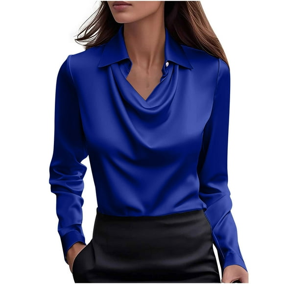 FAVIPT Women's Lapel Satin Blouse Elegant Solid Long Sleeve tops Cowl Neck Business Office Casual Shirts Blue,XXL