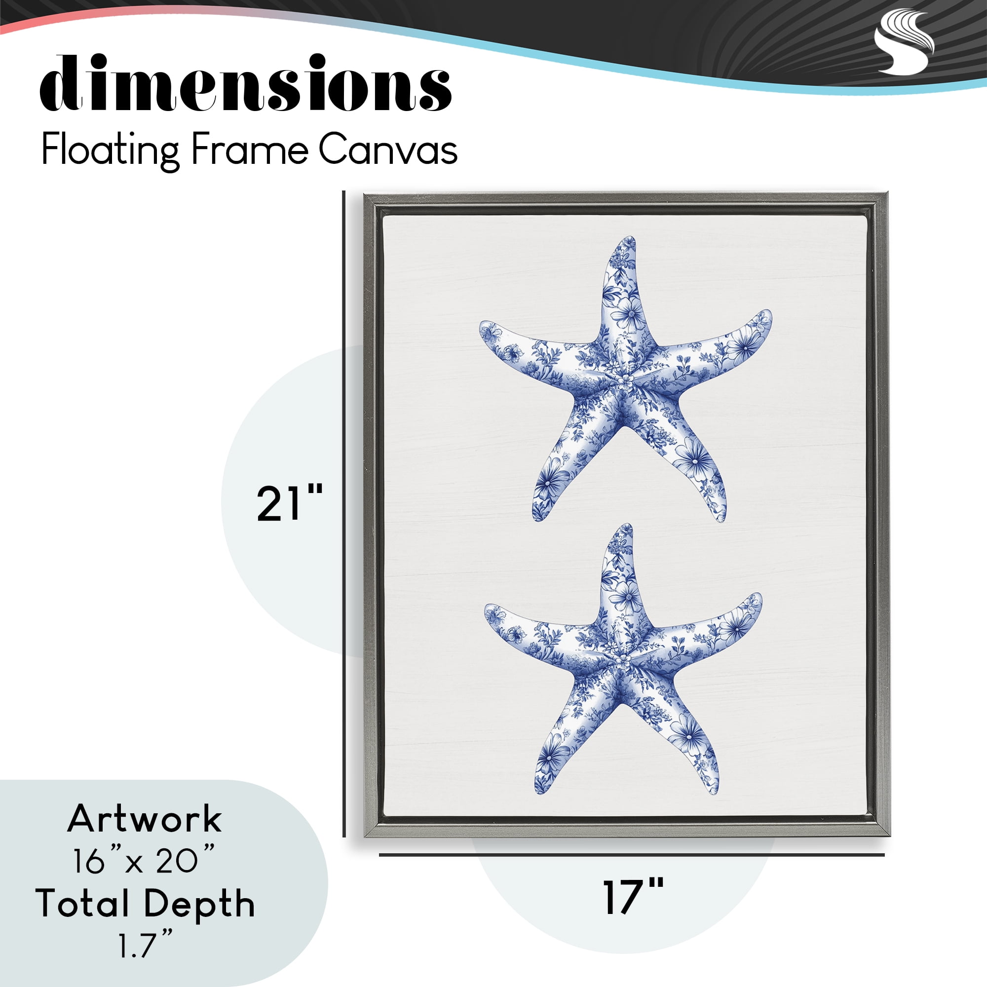 Vintage Toile Starfish Gray Framed Floater Canvas Wall Art, design by Lettered and Lined