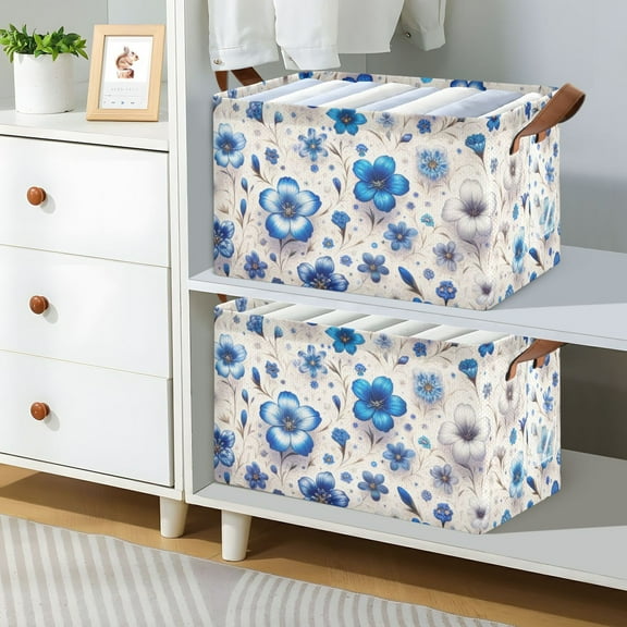 Blue Flowers Foldable Storage Large Fabric Storage Baskets Organizer Storage Bins with Handles for Shelves
